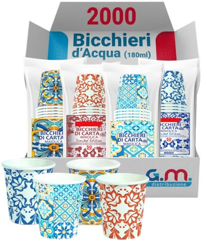 GM 2000 Bicchieri d' Acqua in Carta con Grafiche Maioliche, 180 ml, Biodegradabili e Biocompostabili, Usa e Getta, 4 Colorazioni, Ideale per Casa, Ufficio, Asporto Bevande Calde e Fredde