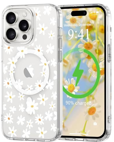 L-FADNUT Magnetic for iPhone 15 Pro Max Case, Compatible with Magsafe Floral Pattern Design, Clear Girly Flower Cover Slim Bumper Shockproof Protective Phone Case for iPhone 15 Pro Max White