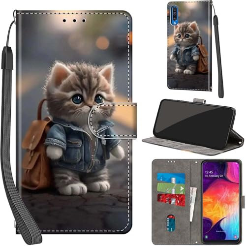 for Samsung Galaxy A50/A50S/A30S Case PU Leather Wallet Book Flip Folio Stand View Magnetic Multi-Pattern Cover compatible with Samsung A50/A50S/A30S Phone Case (Cat)