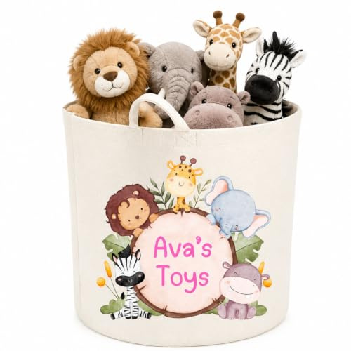 Personalised Safari Animal Toy Storage Basket | Large 50l |Tub |Trug | Toy Box | Kids Organisation (White)