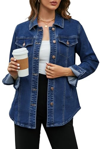 Vetinee Damen Jacke Lang Jeansjacke Damen Lang Abendrot Blau Größe Large Passt EU Größe 42 bis EU Größe 44