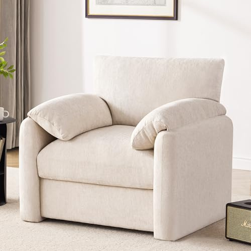 Howjoe Chenille Oversized Armchair, 38.6 Wide Accent Chairs for Living Room & Bedroom Modern Lounge Chair, Upholstered Mid-Century Reading Chair, Comfy Living Room Chair, Single Sofa Chair, Beige