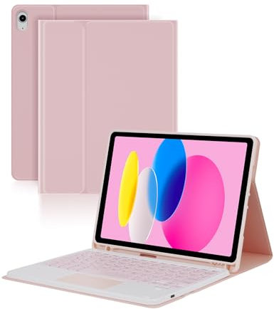 LAMA Bluetooth Keyboard Case with Touchpad for iPad 10th Generation 10.9 inch 2022, iPad A16 11 inch 2025, Detachable Wireless Keyboard Case with Pencil Holder, Pink
