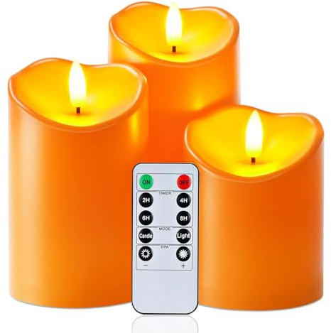 Homemory Halloween Orange Flameless Candles, Autumn Candles, Outdoor Waterproof Flickering Battery Operated LED Pillar Candles with Remote Control and Timer, Won't Melt Plastic, Set of 3