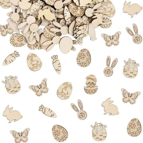 LYNSAN 100 Stück Streudeko Ostern Holz Tischdeko Osterdeko Ostereier Konfetti Osterstreudeko Frühling Deko Schmetterling Hasen Huhn Eier für Ostern Dekoration DIY Basteln Supplies Geschenke