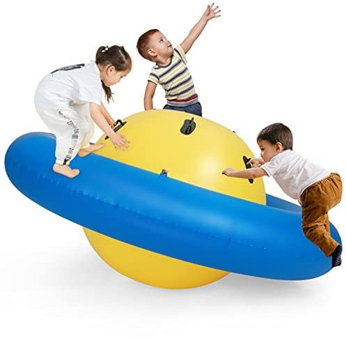 FANTASK Balancín Inflable para niños de 223 cm con 6 Asas integradas (Amarillo + Azul)