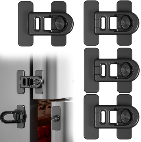 4 Piezas Cerradura para Refrigerador Seguridad Puertas Niños, Cierre Seguridad Cajones Bebe, Seguro Puertas Bebe, Cierres Seguridad Bebe, Pestillo Puerta Sin Agujeros, Para Cajones Neveras, Negro