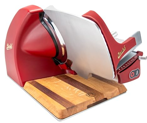 Berkel Home Line 250 Plus Aufschnittmaschine – Rot Matt – Elektrisch & Kompakt – Ideal für Prosciutto, Gemüse& Käse – mit hochwertigem Fassholzbrett
