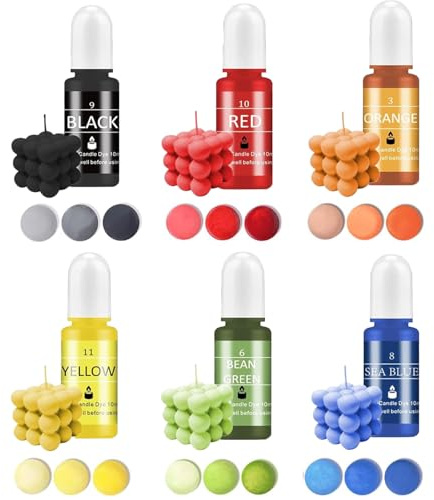 Kerzenwachs Farbe, 6 Farben Flüssiger Wachs Kerzen Farbe, Kerzenwachs farbstoff, Farben Kerzenfarbe Set, für Sojawachs, Bienenwachs, Schwarz, Rot, Orange, Gelb, Grün, Meerblau je 10 ml