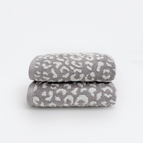 Allure Bath Fashions Luxury Zero Twist Pack of 2 Leopard Print Hand Towels 50 x 85cm in Grey/White – 100% Cotton, Super Soft, Absorbent & Quick Dry, Plush 500GSM Bathroom Towels with Hanging Loop