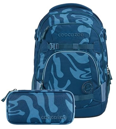 Coocazoo Schulrucksack-Set MATE „Breaking Waves“ 3-teilig, blau, ergonomischer 30L Tornister, mit Brust- und Hüftgurt für Kinder ab der 5. Klasse, inkl. Mäppchen und COLOUR UP-Set