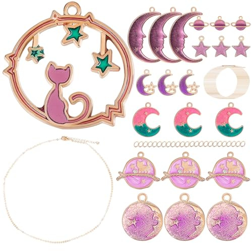 Gadpiparty 24pcs Purple Moon Pendant Necklace Charms Kit with 24 Gold 45cm Link Chains, DIY Women’s Clavicle Neck Jewelry Set for Daily Wear