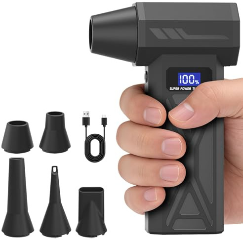 Biftrew Compressed Air Duster with 5 Nozzles, 150000RPM Air Duster with LED Light & Display, 4-Gear Adjustable Compressed Air Cleaner for PC/Car, Rechargeable Mini Dust Blower Electric Dust Fan