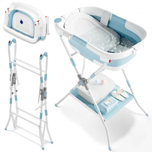 COOSEYA Bañera plegable 3 en 1 con soporte, bañera para bebés con red de apoyo, adecuada para recién nacidos hasta niños pequeños, diseño plegable multiusos para almacenamiento