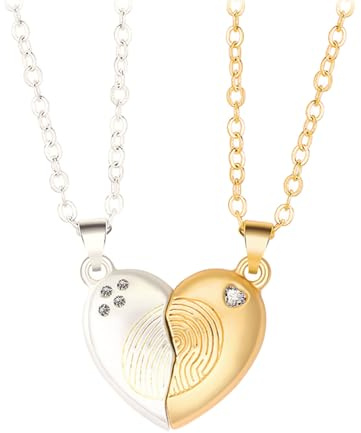 Generisch Personalisierte Fingerabdruck Herz Halskette, Paare passende Anhänger Halsketten, einzigartiges Schmuckgeschenk für Frauen und Männer (Silver+Gold)