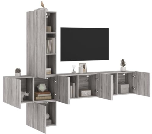 Bucmath 5-TLG. Wohnwand Grau Sonoma Holzwerkstoff, Hängeschränke Modern, TV-Möbel Set für Wohnzimmer, Schlafzimmer, Büro, Robuster Entertainment Center Schrank