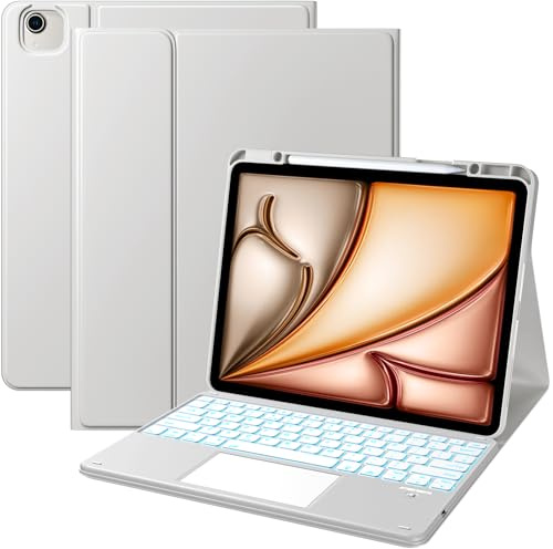 Vobafe Keyboard Case for iPad Air 13 Inch M4/M3/M2 & Pro 12.9 3/4/5/6 Gen | QWERTY Keyboard Multi-Touch Trackpad, 7-Color Backlight, with Pencil Holder for iPad Air 13 Case(2026/2025/2024), LightGrey