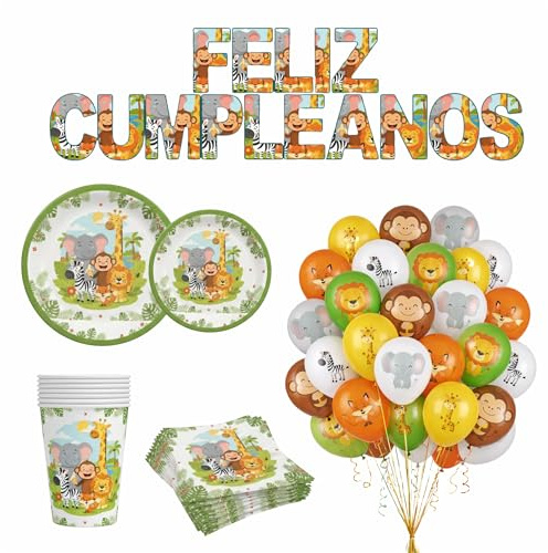 Vajilla Cumpleaños Decoracion Completa 175 piezas – Pack Selva 30 invitados - Platos y Vasos Desechables Elegantes Servilletas - Set Animales Feliz Cumpleaños Pancarta - 30 Globos Fiesta happybirthday