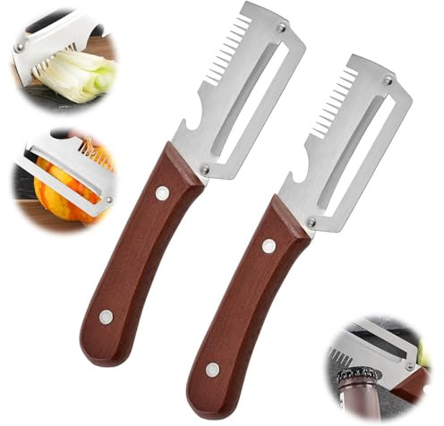 Multi-Functional Vegetable Peeler for Kitchen, 2PCS Vegetable Peeler Wooden Handle, 3-in-1 Peeler Grater & Bottle Opener, Stainless Steel Vegetable and Fruit Peeler for Home Cooking