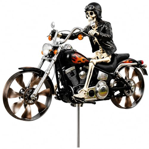 Motorbike Wind Spinner, Skeleton Biker Metal Garden Decoration, Outdoor Kinetic Garden Windmill Ornament with Rotating Wheels for Lawn, Patio, Flower Bed and Garden Décor