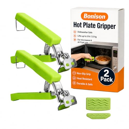 2 Pack Hot Plate Gripper Clips Holder Tongs for Moving Hot Plate Bowls Pizza Pan Air Fryer Microwave Oven with Food Out, Green