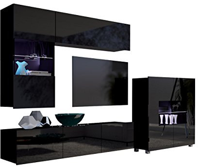 Moderne Wohnwand Calabrini III, Anbauwand, Mediawand, Kommode Hängevitrine, TV Lowboard, Wandregal, Wohnzimmerschrank, Fernsehschrank (mit weißer LED Beleuchtung, Schwarz/Schwarz Hochglanz)