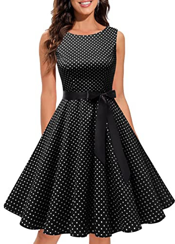 Gardenwed Robe de Soirée Cocktail Vintage Femme Années 40 50 60 Pin up Style Audrey Hepburn Rockabilly Swing Col Rond sans Manche Black Small White Dot 3XL