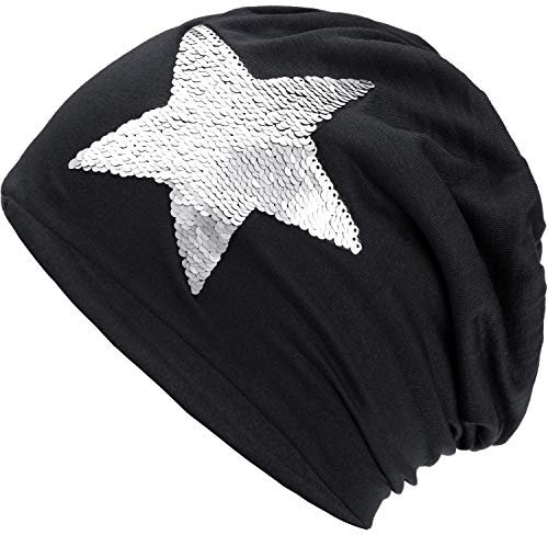 Compagno Slouch Beanie mit Pailletten aus atmungsaktivem, feinem und leichten Jersey Unisex Damen Mütze Haube Boho Bini Mädchen Einheitsgröße, Farbe:Schwarz