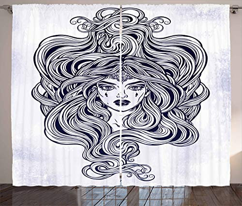 ABAKUHAUS Friseur Rustikaler Gardine, Art Nouveau Medusa Mädchen, Schlafzimmer Kräuselband Vorhang mit Schlaufen und Haken, 280 x 245 cm, Marineblau Hellgrau und Weiß