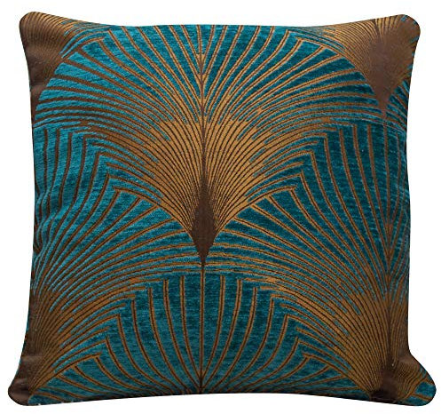Linen Loft Art Deco Fan Cushion Cover in Teal and Gold. Double Sided Luxury Velvet Chenille. 17x17 (43cm) Square Pillow Case. Geometric vintage 20s and 30s Feather Pattern. Handmade in the UK.