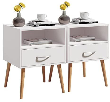 Joolihome Wood Bedside Table Set of 2 Cabinet Storage Nightstands 1 Drawer with Metal Handle, 42 x 42 x 56 cm (White, 2)