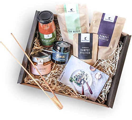 Hennes' Finest GENUSSBOX „Grill&Pfanne“ - Grillgewürze Geschenkset mit Kampot Pfeffer (schwarz & fermentiert), Mangosenf, Pfeffersauce, Grilldip u.v.m. – Grillbox, Gewürze Set mit Grill Zubehör
