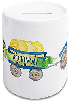 GRAZDesign Spardose Kinder mit Namen, personalisiertes Geld - Geschenk, Trecker für Jungen, blau, Keramik
