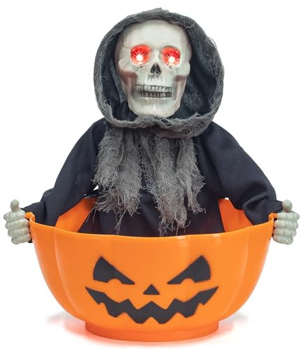 KI Store Halloween Esqueleto Animado Fantasma Soporte para Cuenco de Dulces Candy Grim Reaper con Ojos LED Brillantes para casa embrujada la decoración más aterradora para Halloween