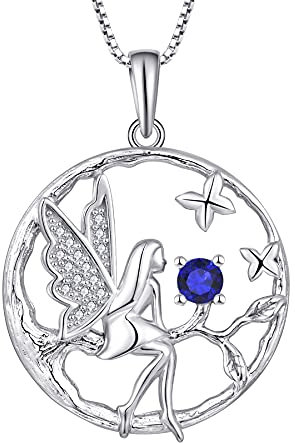 FJ Schutzengel Halskette Anhänger 925 Sterling Silber Engel Kette Damen Fee Schmetterling Baum des Lebens Halskette Saphir September Geburtsstein Kette Schmuck Geschenke für Frauen Mädchen