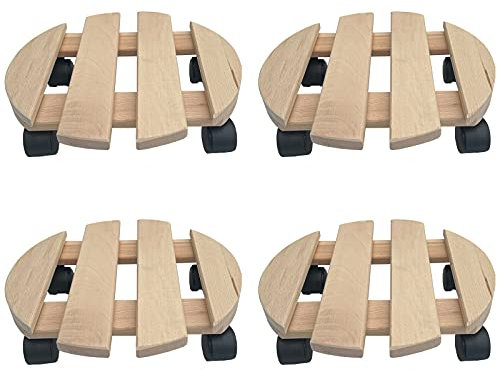 4x Pflanzroller rund 30x30 cm aus Buchenholz | Tragkraft 120 kg | Rolluntersetzer für Blumentöpfe & Möbel | 4 Lenkrollen | stabil & robust | für innen & außen