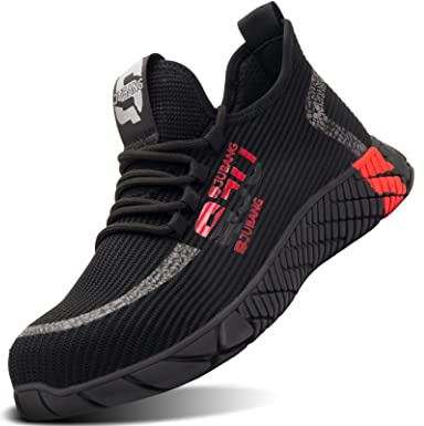 IYVW 792 Safety Trainers Men Safety Shoes Women Steel Toe Trainers Lightweight Work Shoes Breathable Industrial Protective Work Sneakers Black Red 5 UK