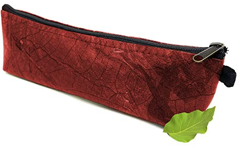 NELUHA Federmäppchen klein aus Teakblättern, vegan nachhaltig Leder Alternative - Federtasche, Kosmetiktasche Stifttasche Schminktasche (Rot)