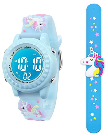 Mamiddle Kinderuhr Digital für Jungen Mädchen 3ATM Wasserdicht Kinder Armbanduhr mit Wecker Datum Stoppuhr Kinder Uhr für 3-10 Jahre (Hellblaues Einhorn 2)