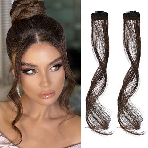 Flufymooz Side Air Bangs, 2 Stück Clip-in-Ponys für die Vorderseite, Pony-Haarspangen zum Anklipsen mit Schläfen, synthetischer langer Drachenbart-Pony, 30 cm (Dunkelschokoladenbraun)