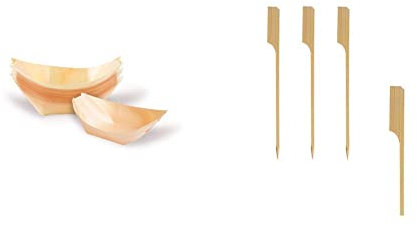 GREENBOX Holzschale Schiffchen aus Kiefernholz & Papstar Fingerfood-Spieße/Holzspieße Golf (250 Stück) 12 cm, Naturholzspieße aus Bambus, für Grillgut, Pfanne, Fingerfood und Antipasti, stabil