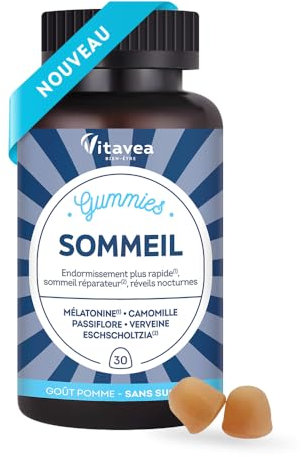 Vitavea - Gummies Sommeil Adulte sans sucres - Mélatonine Camomille Passiflore - Endormissement rapide, Sommeil réparateur, Réveils nocturnes - Sans accoutumance - 30 gummies - Cure 1 mois - Vegan