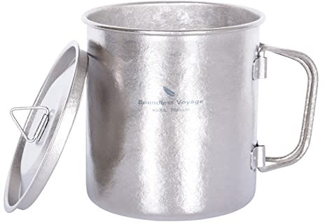 iBasingo 450ml Titanbecher mit Deckel Camping Tee Kaffeetasse Outdoor Reise Metall Drinkware mit Klappgriff Eisblume Single Layer Cup Portable Wandern Picknick Rucksack Ultra-leichtes Geschirr Ti3055D