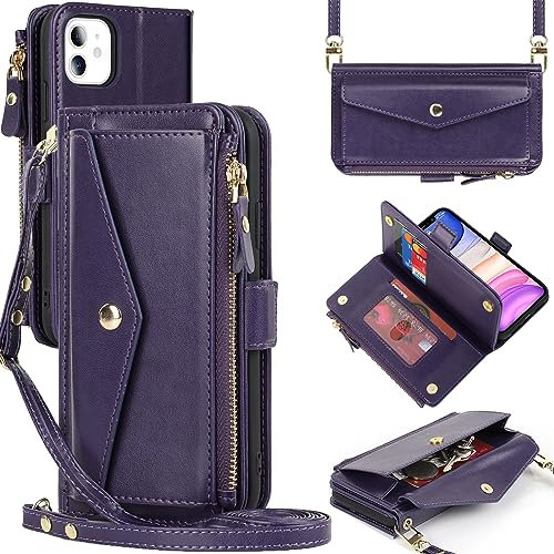 Zouzt for iPhone 11 Wallet Case for Women, Purse with Credit Card Holder Slots Crossbody Lanyard Strap Zipper Flip Book Shockproof Protective Phone Cover for Apple 11 6.1 Inch (Purple)