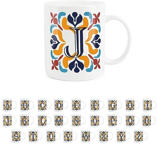 Purely Home Moroccan Tile Red & Navy Blue Letter J Mug - White Initial Personalised Alphabet Tea Coffee Bone China Mug