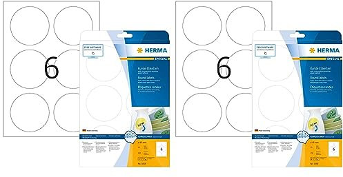 Universal Etiketten ablösbar rund, 25 Blatt, Ø 85 mm, 6 Stück pro A4 Bogen, 25 Aufkleber, selbstklebend, bedruckbar, matt, blanko Klebeetiketten aus Papier, weiß (Packung mit 2)
