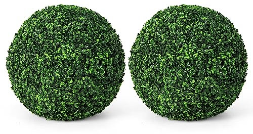COSTWAY 2 PCS Pianta Artificiale Alta con Palline di Bosso 48 cm, Sfere Decorative a Prova di Raggi UV, Decorazione per Interni ed Esterni