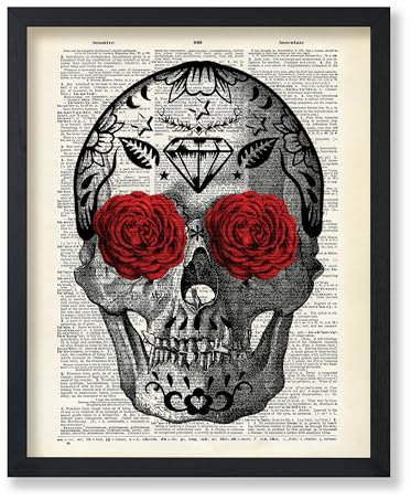 Poster Master Wörterbuch-Kunstposter – Blumige Augen Totenkopf Druck – Skelettkunst – Blumenkunst – rote Rose Kunst – Geschenk für Sie und Ihn, Gothic-Dekor für Schlafzimmer, Wohnzimmer – 20,3 x 25,4