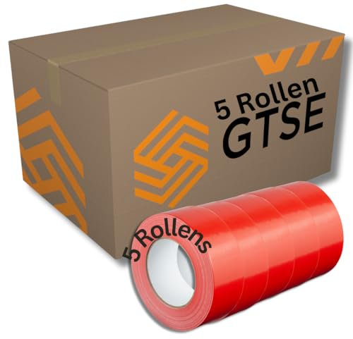 GTSE - Gewebeband Rot - 48 mm x 50 m - 5 Rollen - strapazierfähiges Panzerband - wasserdichtes Klebeband zum Reparieren, Befestigen, Bündeln, Verstärken und Abdichten