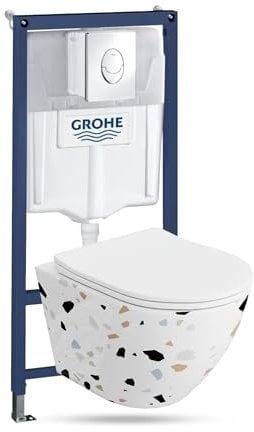 Lavita Vorwandelement Solido Start + Wand Hänge WC Sofi Slim Stone Weiß Spülrandlos + WC Sitz mit Absenkautomatik Verchromter Knopf Komplettset Unterputz Spülkasten Toilette Komplett Sett WC